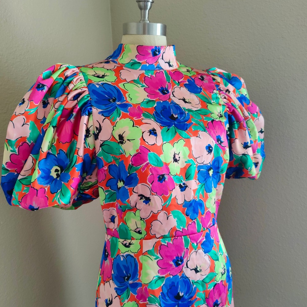ROTATE Birger Christensen Floral Satin Puff Sleeve Mini Dress Open Back US 10 - Picture 2 of 16